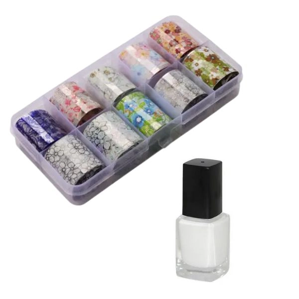 Komplet dekorativnih folij za nohte - 10 kosov + lepilo